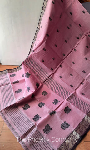 Pink & Black Handloom Cotton Saree
