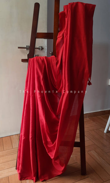 Plain Red Banana Fibre & Cotton Saree