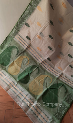 Off-white and Green Handloom Cotton Saree