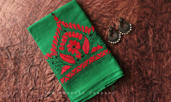 Dark Green Kantha Work Blouse Piece