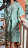 Green & White Striped Cotton Long Kaftan