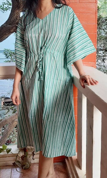 Green & White Striped Cotton Long Kaftan