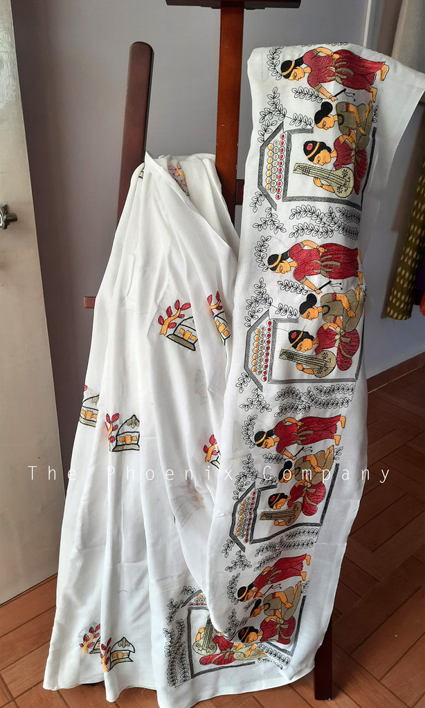 Prominent White Linen Designer Embroidered Saree