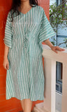 Green & White Striped Cotton Long Kaftan