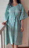 Green & White Striped Cotton Long Kaftan