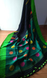 Black & Green Linen Saree With Jamdani work