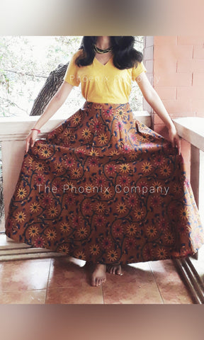 Brown Floral Printed Kalamkari Skirt