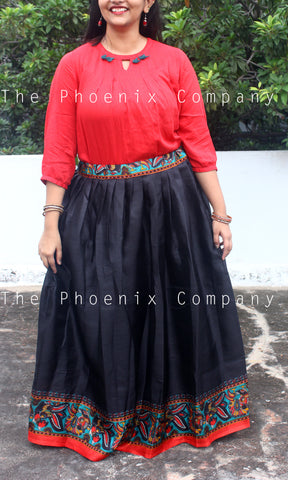 Black Long Skirt with Peacock Border